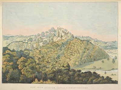 Mapas K Top 46, 35 d Vista desde el castillo de Dynevor, con vistas al río Towy y Golden Grove (grabado coloreado a mano) de James Bretherton