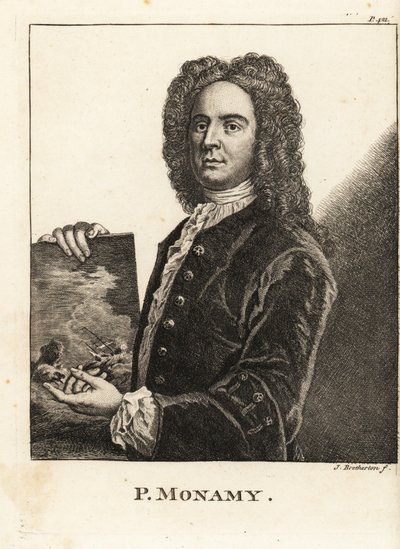 Retrato de Peter Monamy, pintor marino inglés sosteniendo una escena marítima de James Bretherton