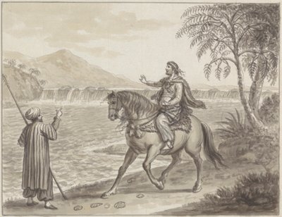 Jinete acercándose a viajero junto a río de James Bruce