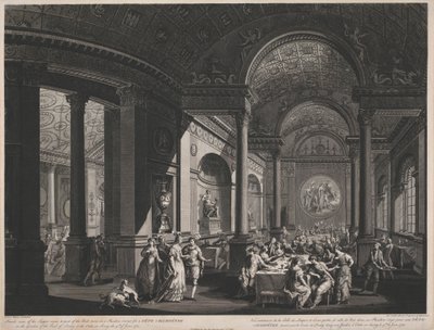 Vista interior del comedor y parte del salón de baile en un pabellón erigido para una Fete Champetre en el jardín del conde de Derby. de James Caldwall