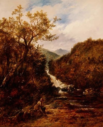 Pescador junto a una cascada boscosa de James Charles Ward