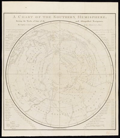 Carta del hemisferio sur; mostrando las huellas de algunos de los navegantes más distinguidos, por el capitán James Cook, de la Armada de Su Majestad. de James Cook