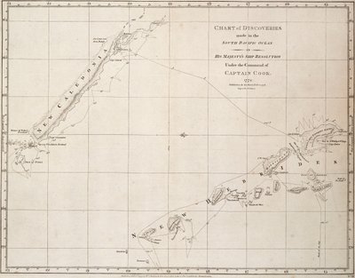 Carta de los descubrimientos realizados en el Océano Pacífico Sur en el barco de su majestad "Resolution" bajo el mando del capitán Cook. de James Cook