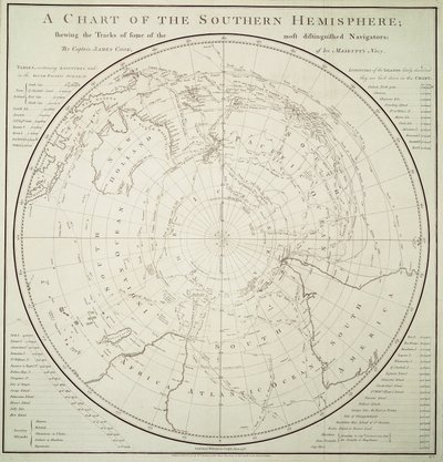 Mapa del hemisferio sur con los viajes y descubrimientos anteriores a Cook de James Cook