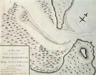 Mapa de la entrada del río Endeavour, mapa del relato del primer viaje dirigido por James Cook entre 1768 y 1771, Australia de James Cook