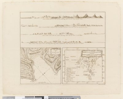 ii. (a) Cuatro perfiles de la costa de Tierra del Fuego (b) Un plano de Success Bay en el Estrecho de Le Maire (c) Un mapa de la parte sureste de Tierra del Fuego, grabado por T. Borven y J. Gibson de James Cook