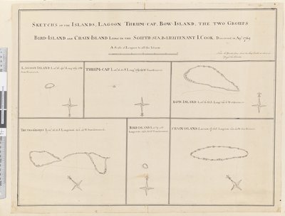 iii. Bocetos de las islas Laguna, Thrum-Cap, Bow-Island, los Dos Grupos, Isla de Pájaros y Cadena de Islas, descubiertas en abril de 1769 de James Cook