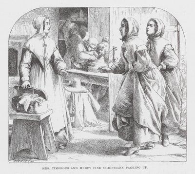 La Sra. Timorosa y Mercy encuentran a Christiana haciendo las maletas (grabado) de James Dawson Watson