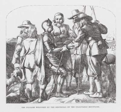 Los peregrinos acogidos por los pastores en las montañas deleitosas (grabado) de James Dawson Watson