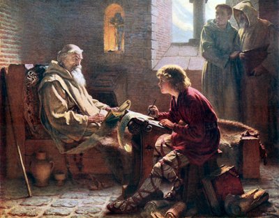 El Venerable Beda traduciendo el último capítulo de San Juan. Ilustración de Un Esquema del Cristianismo editado por A S Peake et al (Waverley, c 1910.) de James Doyle Penrose