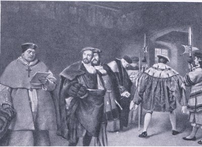 Despido del Cardenal Wolsey por el Rey Enrique VIII, de la Historia del Pueblo Británico de Cassell publicada por la Waverley Book Company, c.1950s de James Dromgole Linton