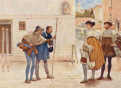 El mercader de Venecia de Shakespeare: Bassanio, Lorenzo, Viejo Gobbo y Launcelot Gobbo (litografía en color) de James Dromgole Linton