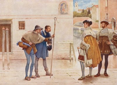 El mercader de Venecia de Shakespeare: Bassanio, Lorenzo, Viejo Gobbo y Launcelot Gobbo (litografía en color) de James Dromgole Linton