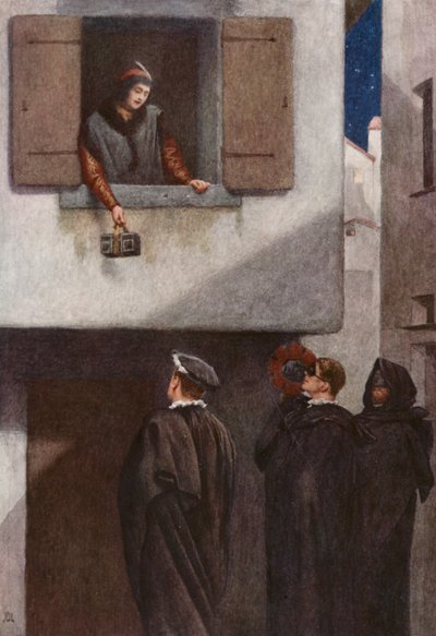 El mercader de Venecia de Shakespeare: Jessica, Lorenzo, Gratiano y Salarino (litografía en color) de James Dromgole Linton