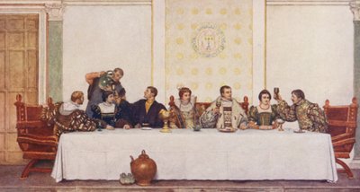 El mercader de Venecia de Shakespeare: Lorenzo, Jessica, Antonio, Portia, Bassanio, Nerissa y Gratiano (litografía en color) de James Dromgole Linton