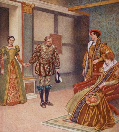 El mercader de Venecia de Shakespeare: Porcia, Bassanio, Gratiano y Nerissa (litografía en color) de James Dromgole Linton