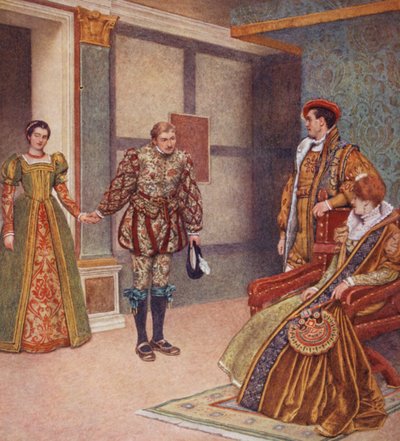 El mercader de Venecia de Shakespeare: Porcia, Bassanio, Gratiano y Nerissa (litografía en color) de James Dromgole Linton