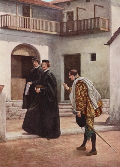 El mercader de Venecia de Shakespeare: Porcia, Nerissa y Gratiano (litografía en color) de James Dromgole Linton