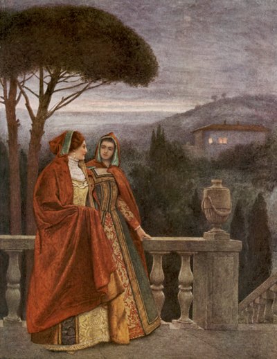 El mercader de Venecia de Shakespeare: Porcia y Nerissa (litografía en color) de James Dromgole Linton