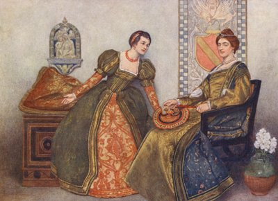 El mercader de Venecia de Shakespeare: Porcia y Nerissa (litografía en color) de James Dromgole Linton