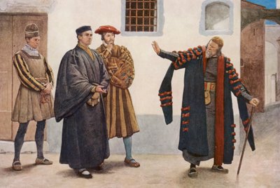 El mercader de Venecia de Shakespeare: Shylock, Antonio, Salarino y Gaoler (litografía en color) de James Dromgole Linton