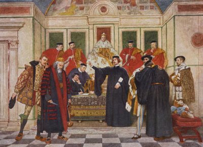 El mercader de Venecia de Shakespeare: Shylock, Portia, Bassanio, Antonio, Gratiano y Nerissa (litografía en color) de James Dromgole Linton