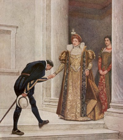 El mercader de Venecia de Shakespeare: El príncipe de Arragón, Porcia y Nerissa (litografía en color) de James Dromgole Linton
