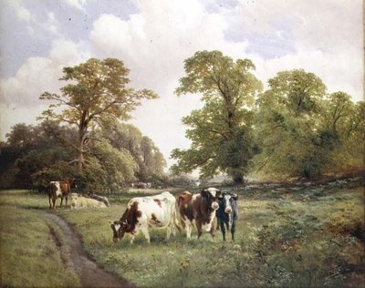Ganado pastando junto a un camino en un paisaje boscoso de James Duffield Harding