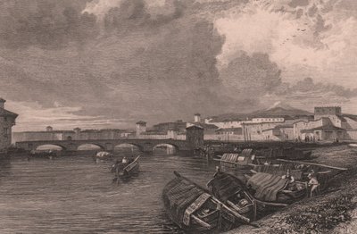Vista del río Arno en Pisa, Toscana, Italia, grabado en acero de Thomas Higham (1796-1844) según dibujo de James Duffield Harding (1798-1863) de James Duffield Harding