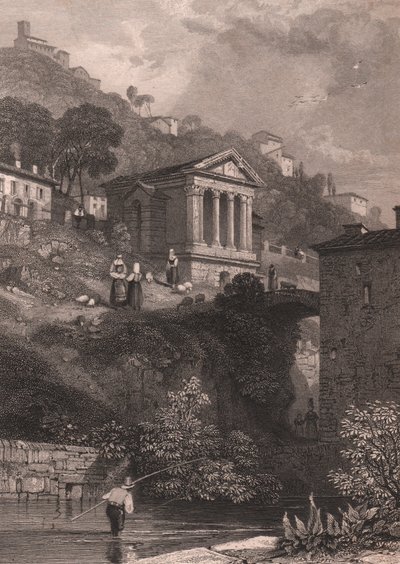 Vista del Templo de Clitumnus a lo largo del río Clitunno cerca de Campello sul Clitunno, Umbría, Italia, grabado en acero por Jordan según dibujo de James Duffield Harding (1798-1863), circa 10, 5x15 cm de James Duffield Harding