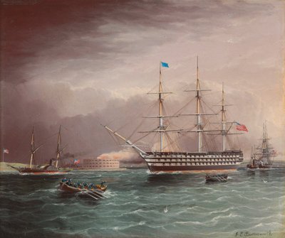 El U.S.S. Pennsylvania remolcado al estallar la Guerra Civil Americana con Fort Monroe en el fondo de James E. Buttersworth