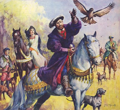El rey Enrique VIII y Ana Bolena de caza (litografía en color) de James Edwin McConnell