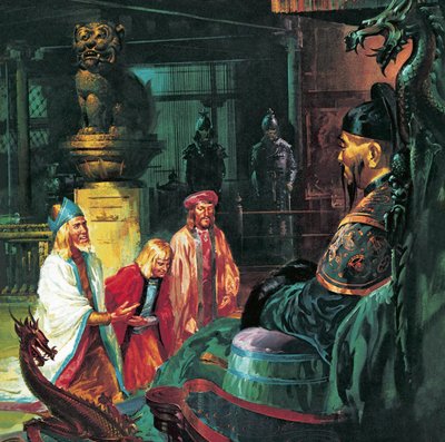 Marco Polo frente a Kublai Khan, siglo XX (litografía) de James Edwin McConnell