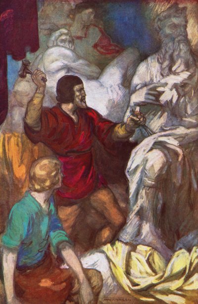 Miguel Ángel esculpiendo a Moisés de la roca (litografía en color) de James Edwin McConnell