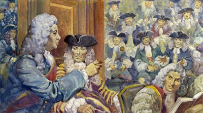 Sir Robert Walpole apostó una vez una guinea a su precisión clásica, y perdió (gouache sobre papel) de James Edwin McConnell