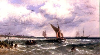 Barcos de Pesca Llegando a la Orilla con un Dos Máster Anclado Más Allá de James Edwin Meadows