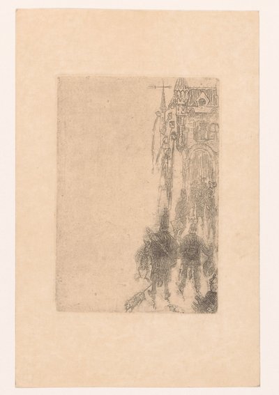 Las figuras caminan hacia una puerta con carne y pescado
Menú para Charles Vos de James Ensor
