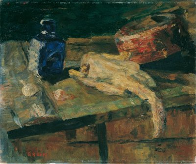 Bodegón con botella azul y pollo desplumado de James Ensor