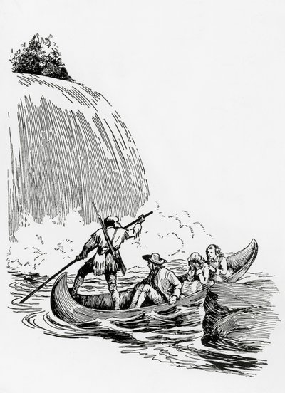 Los personajes principales en una canoa junto a una cascada, ilustración para El último de los mohicanos de James Fenimore Cooper, Principato Editore, Milán de James Fenimore Cooper
