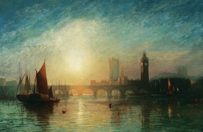 Vista del Puente de Westminster y las Casas del Parlamento, con barcaza de heno y otros barcos en primer plano, 1869 de James Francis Danby