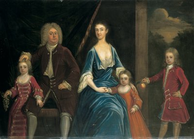 Retrato de grupo de Henry, 5º Lord Arundell de Wardour y su esposa Elizabeth, junto con sus hijos, en un interior, con un paisaje al fondo de James Francis Maubert