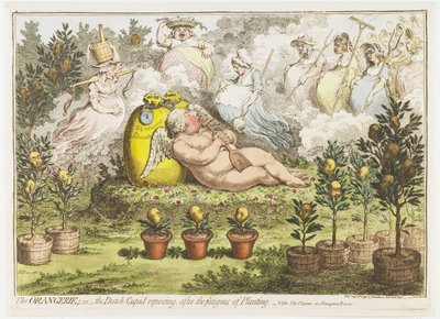 La Orangerie: El Cupido holandés descansando de las fatigas de la siembra, 1796 el invernadero; o el Cupido holandés reposando, después de las fatigas de Planting (título sobre objeto) de James Gillray (signed by artist)