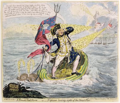Una tormenta de granizo francesa, o Neptuno perdiendo de vista la flota de Brest, publicada por Hannah Humphrey en 1793 de James Gillray