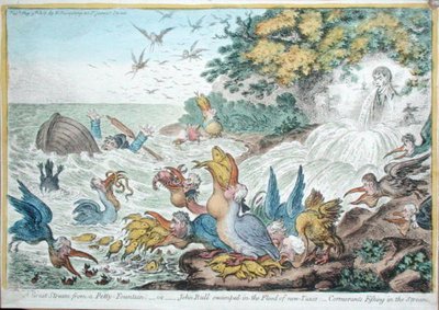 Una Gran Tormenta de una Pequeña Fuente, o John Bull Inundado por la Nueva Ola de Impuestos: Cormoranes Pescando en el Arroyo de James Gillray