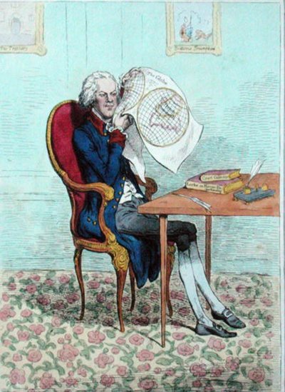 Un Político Perspicaz Descubriendo las Conquistas Británicas, publicado por Hannah Humphrey en 1795 de James Gillray