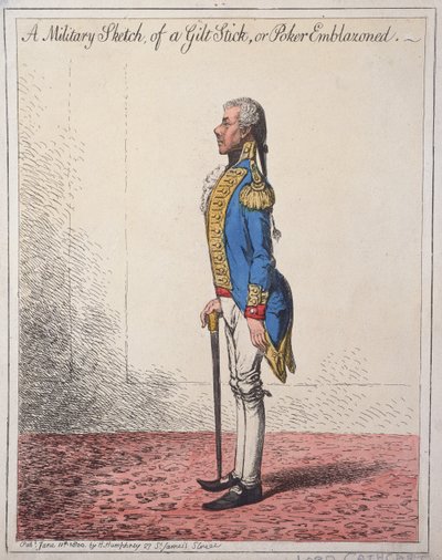 Un boceto militar de un palo dorado, o un atizador emblazonado, publicado por Hannah Humphrey en 1800 de James Gillray