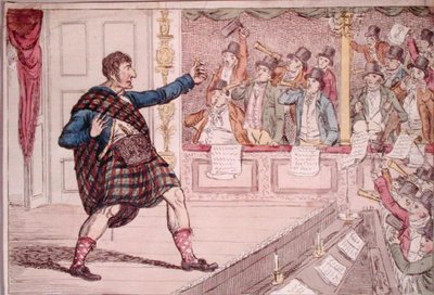 Una parodia del soliloquio de Macbeth en el Teatro Covent Garden, publicada por Walker en 1809 de James Gillray