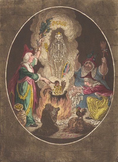 Una Fantasmagoría, Escena-Conjurando un Esqueleto Armado de James Gillray