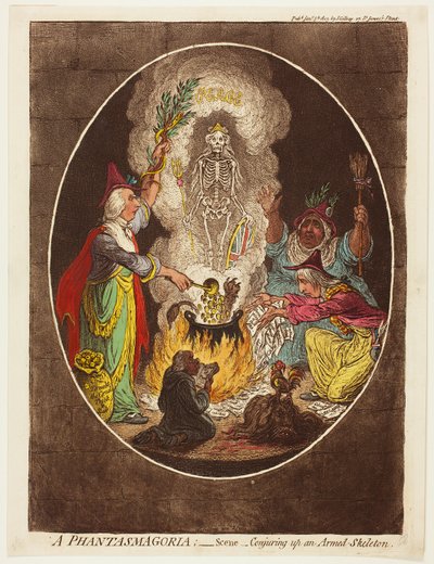 A Phantasmagoria - Escena - Conjurar un esqueleto armado de James Gillray