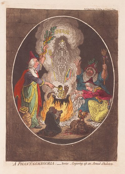 Una fantasmagoría: Escena - Conjurando un esqueleto armado, pub. 1803 (grabado coloreado a mano) de James Gillray